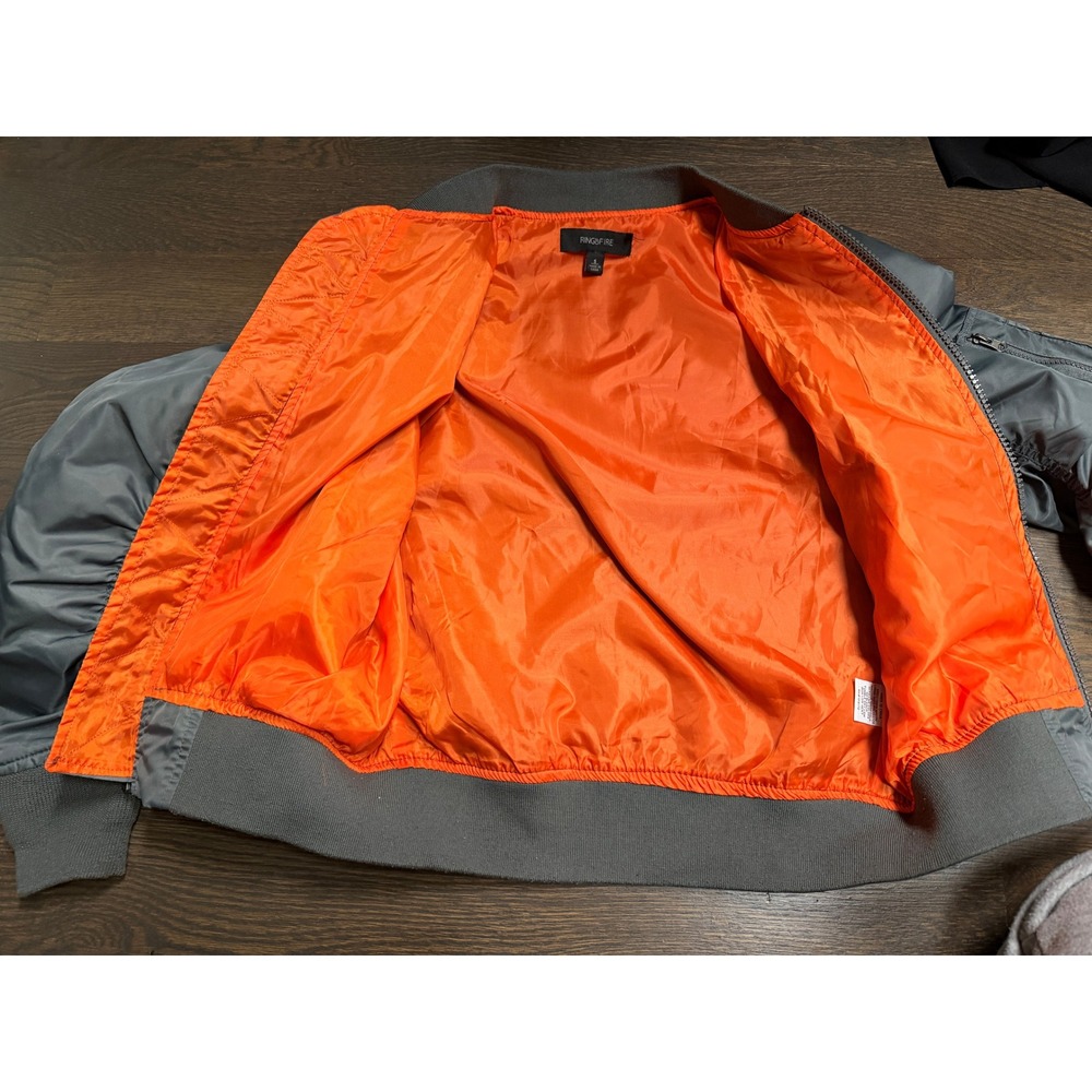 Ring of Fire Mens Grey MA-1 Bomber Flight Jacket Orange Lining Small Zip Up - Picture 5 of 6